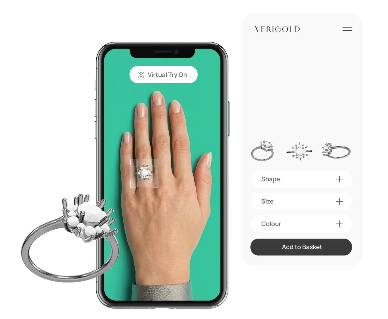 Virtual try-on jewellery configurator on phone with product card